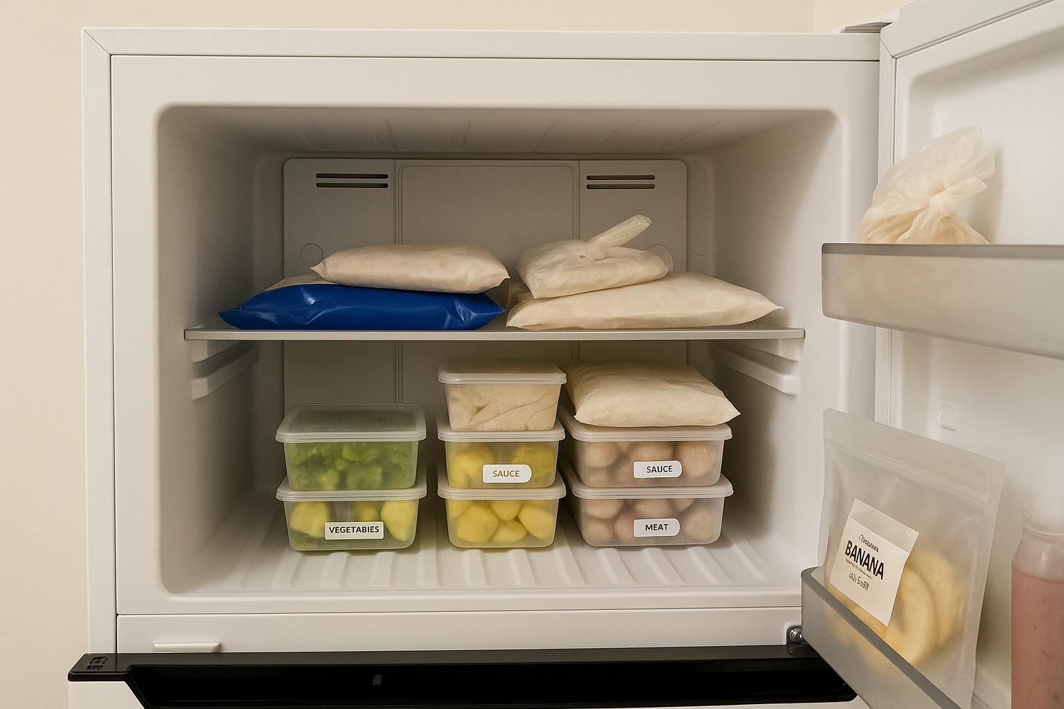 캐리어 냉동실 내부에 용도별 정리된 식품 컨테이너들