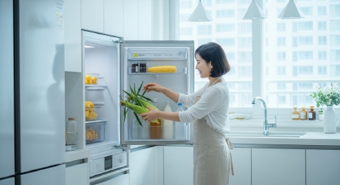 냉장고 속에 옥수수를 정리하는 모습