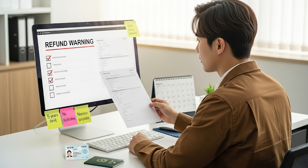 모니터에 'Refund Warning' 표시된 화면을 보며 주의사항을 검토 중인 한국 직장인