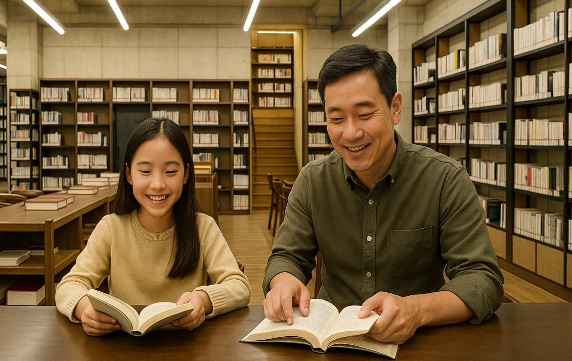독서 즐거움에 빠져있는 소녀와 아빠의 모습