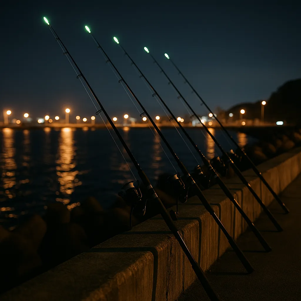 방파제에 나란히 놓인 낚싯대와 야경 속 붕장어 낚시 준비 모습