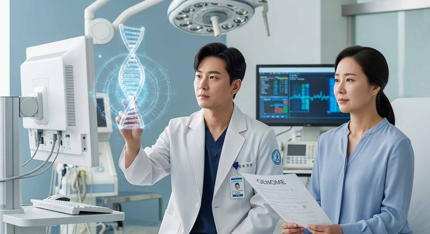 analyzing a DNA double helix hologram projected in the air next to a high-tech medical monitor
