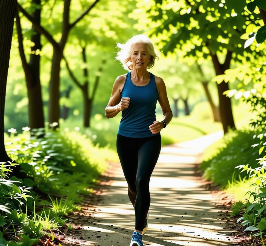숲속에서 달리기를 하고 있는 중년 여성