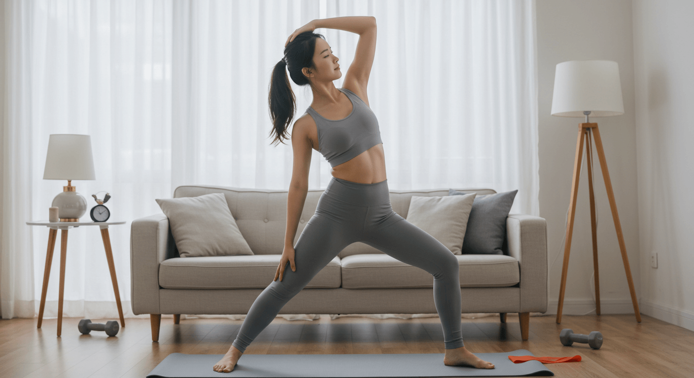 홈트레이닝 전 목과 어깨를 스트레칭하는 여성