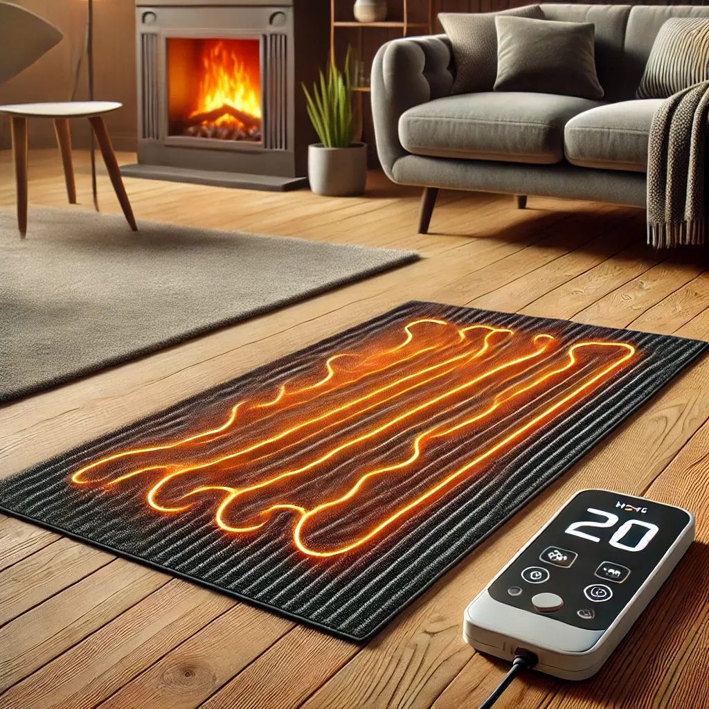 나무 바닥 위에 설치된 카본매트와 디지털 온도 조절기&amp;#44; 따뜻한 실내