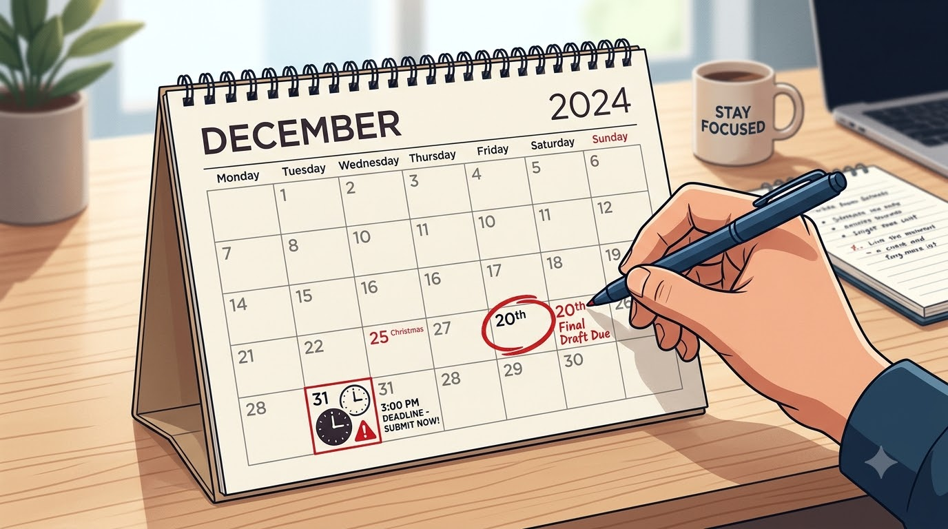 12월 달력에서 31일 위에 시계가 오후 3시를 가리키고, 20일에 동그라미 표시
