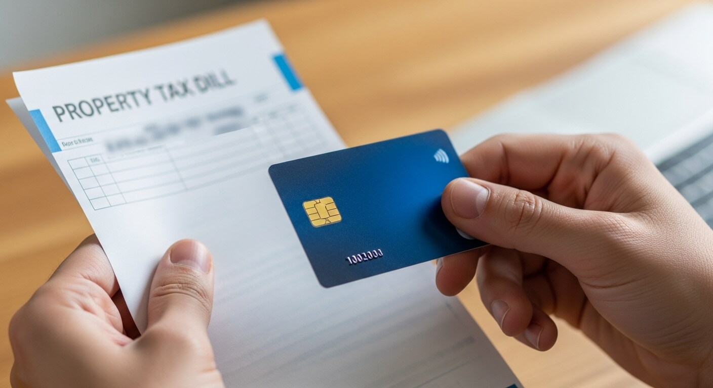 손에 신용카드와 재산세 고지서를 들고 있는 근접 장면