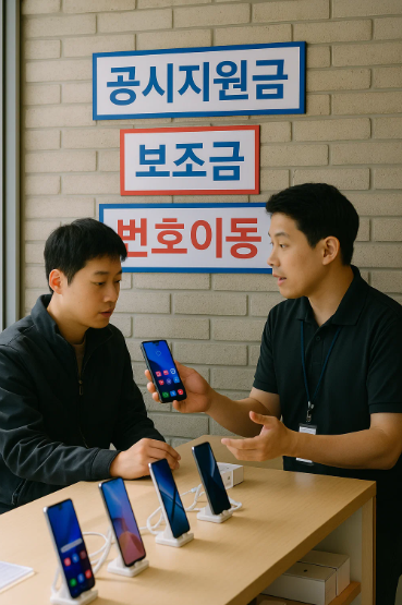 2025년 단통법 폐지 이후 보조금이 적용된 스마트폰을 비교 중인 휴대폰 매장 내부 모습