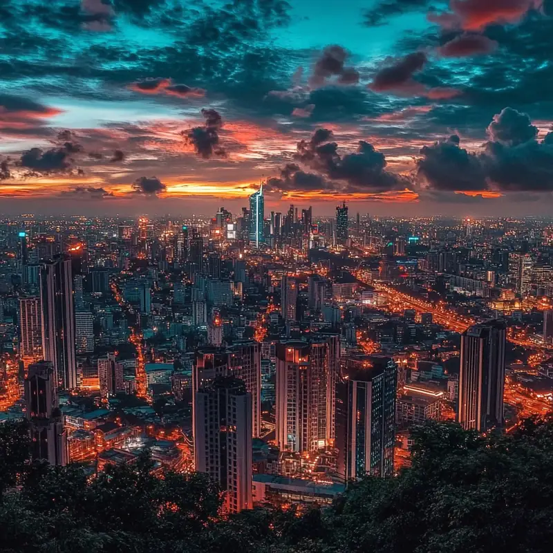 화려한 조명이 반짝이는 현대 도시의 전경, 반도체 산업이 가져오는 경제 성장을 상징. 미래지향적이고 생동감 넘치는 야경이 반도체 발전의 중요성을 강조.