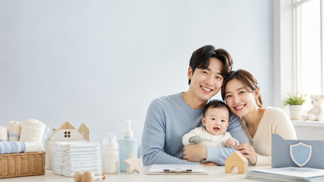 아기를 안고 있는 젊고 행복해 보이는 부부의 그림