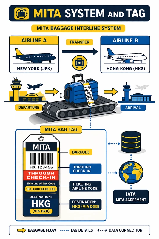 MITA 수하물 인터라인 시스템을 설명하는 인포그래픽으로, 항공사 A에서 항공사 B로 연결되는 수하물 이동 흐름과 MITA BAG TAG 확대 예시, 바코드, THROUGH CHECK-IN, 발권 항공사 코드, 목적지 HKG(VIA DXB) 정보가 함께 표시된 이미지