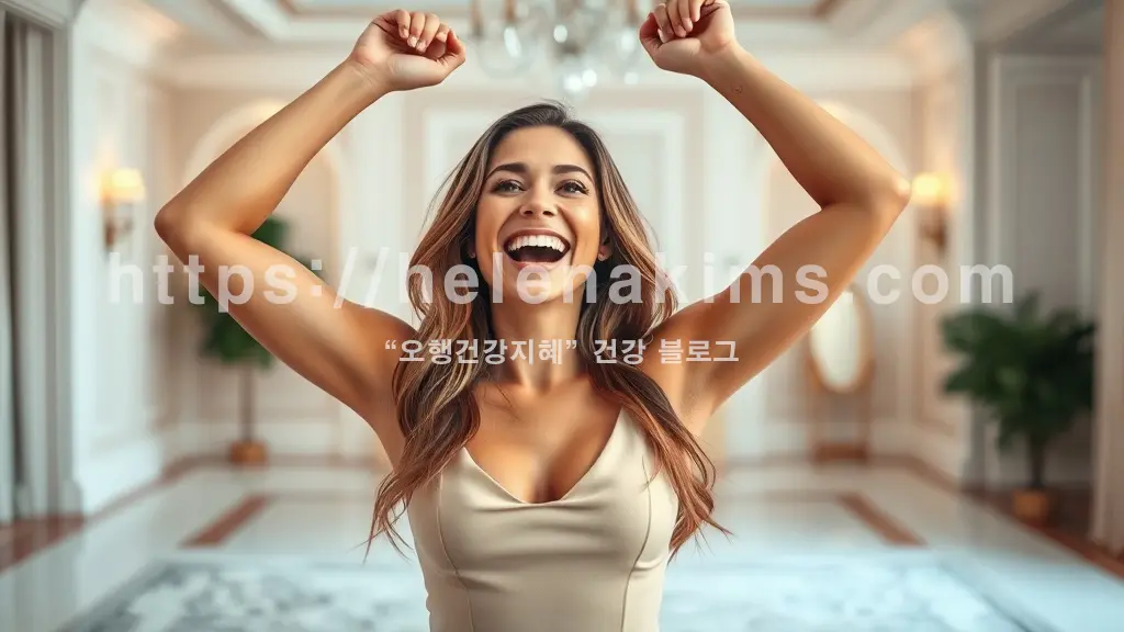 젊은 여성이 두 팔을 번쩍 들어 겨드랑이를 들어내고 환하게 웃는 모습.