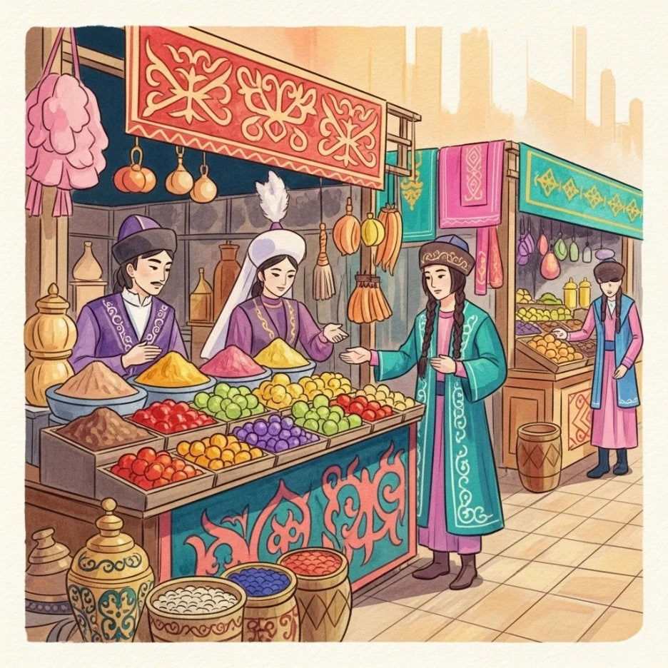 활기 넘치는 카자흐스탄 전통 시장 풍경