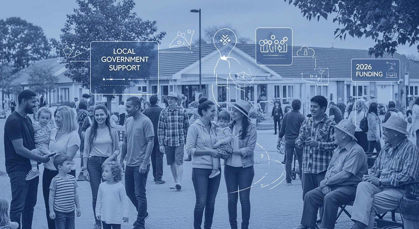 2026년 지자체 지원금에 대한 희망을 담은 다채로운 지역 공동체의 모습. 여러 연령대의 사람들이 모여 행복하게 소통하며, 배경에는 지역 지원 정책을 나타내는 현대적인 표지판이 보인다.