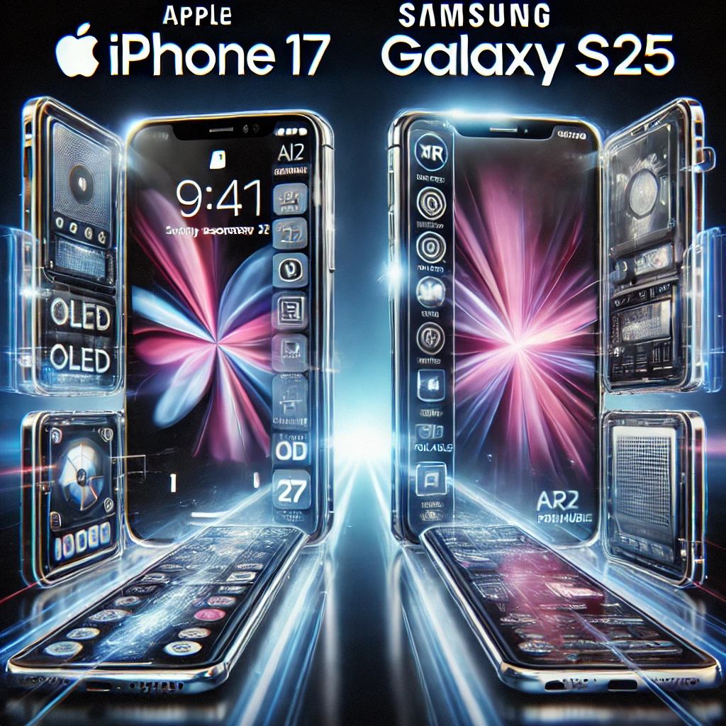 2025년 스마트폰 시장에서 애플 아이폰 17과 삼성 갤럭시 S25의 경쟁을 표현한 미래형 스마트폰 비교 그래픽