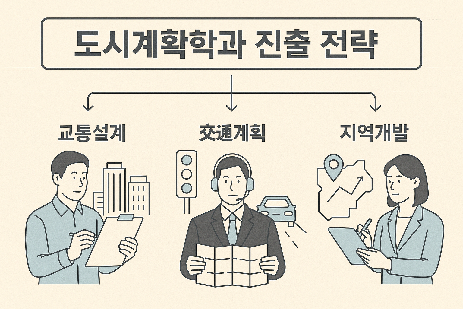 도시계획학과 진출 전략을 설명하는 인포그래픽으로, 교통설계, 교통계획, 지역개발 세 가지 분야를 남성과 여성 전문가 일러스트와 함께 소개하고 있습니다.
