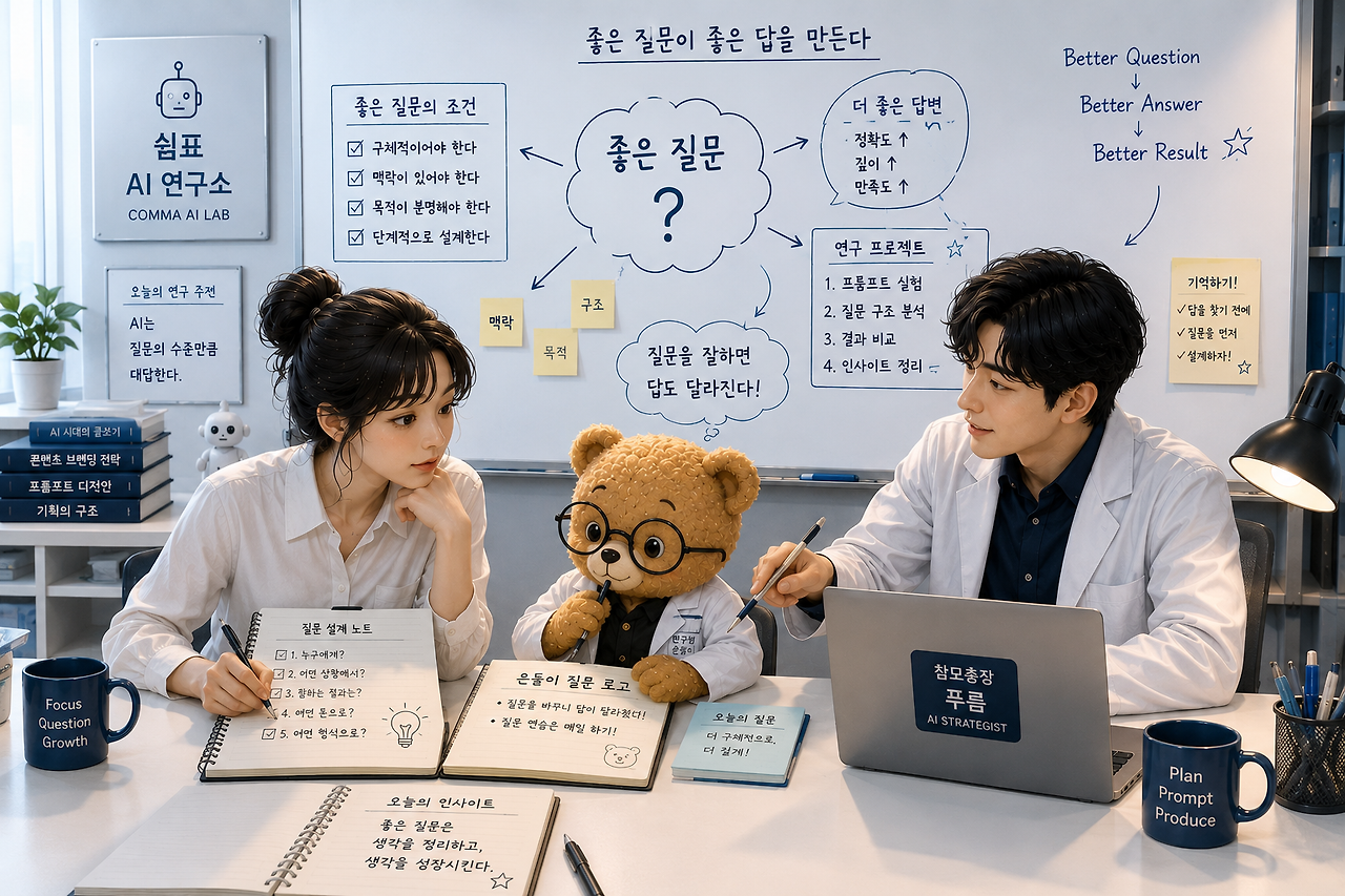 "쉼표 AI 연구소의 '좋은 질문 설계' 연구 노트와 화이트보드. '질문을 바꾸자 결과가 달라졌다'는 주제로 연구 중인 푸름과 은돌이 연구원의 모습. 구체적인 질문 조건과 구조가 적힌 연구 내용."