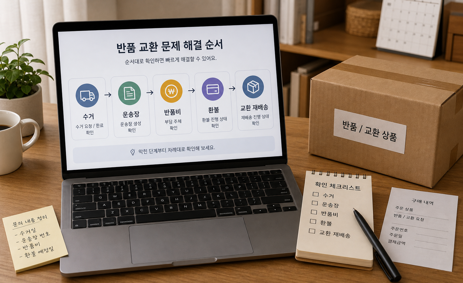 반품 교환 문제를 수거 운송장 반품비 환불 교환 재배송 단계로 나눠 확인하는 안내 화면