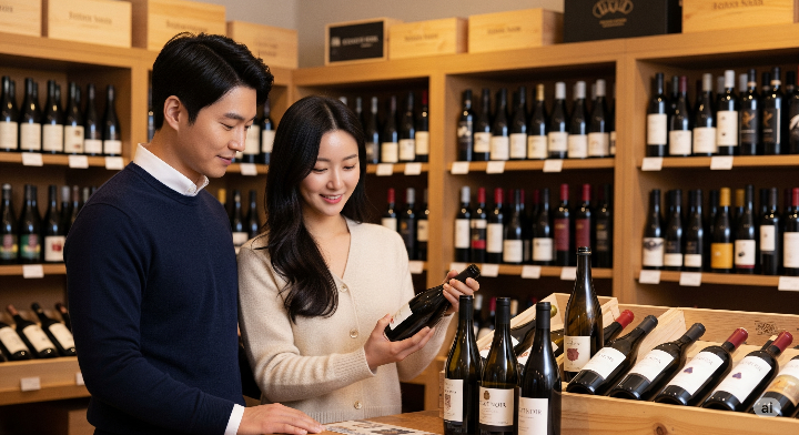 와인 매장에서 와인을 고르는 다정한 연인