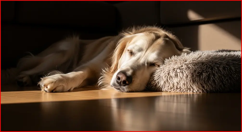 따뜻한 햇살 아래 휴식을 취하고 있는 노령견의 모습