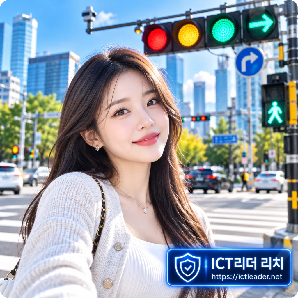 2026년 도로 신호체계 안내를 위한 여성 대표 이미지. 도심 교차로의 적색·황색·녹색 신호등과 우회전 화살표, 횡단보도 보행자 신호가 보이는 모습
