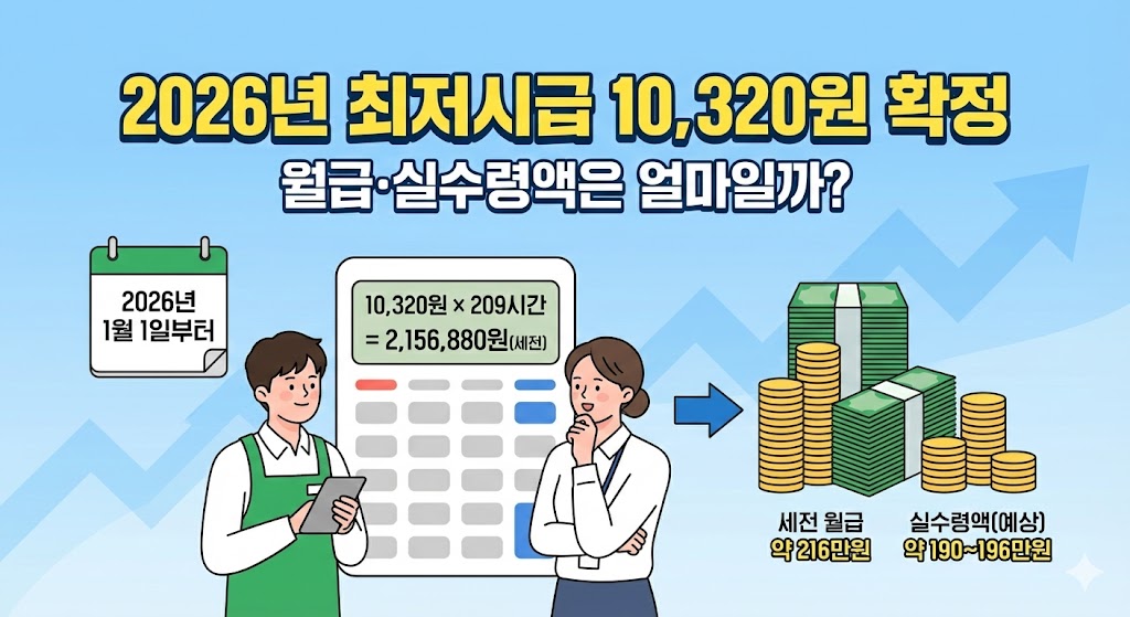 2026년 최저시급 10,320원 확정 안내 인포그래픽. 2026년 1월 1일부터 적용되며, 계산기를 통해 세전 월급 약 216만 원과 예상 실수령액 약 190~196만 원을 보여줍니다
