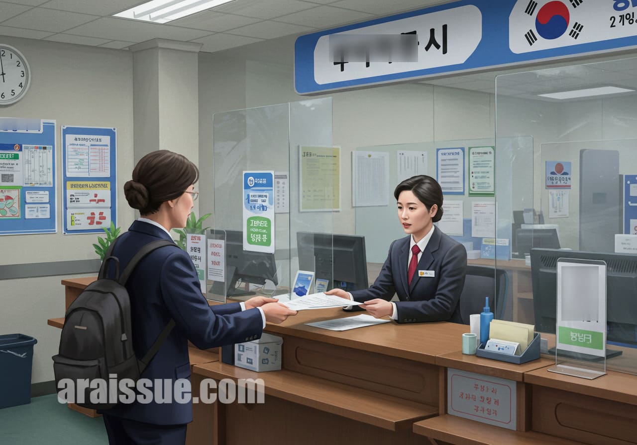 복지센터에서 서류를 제출하며 신청하는 모습
