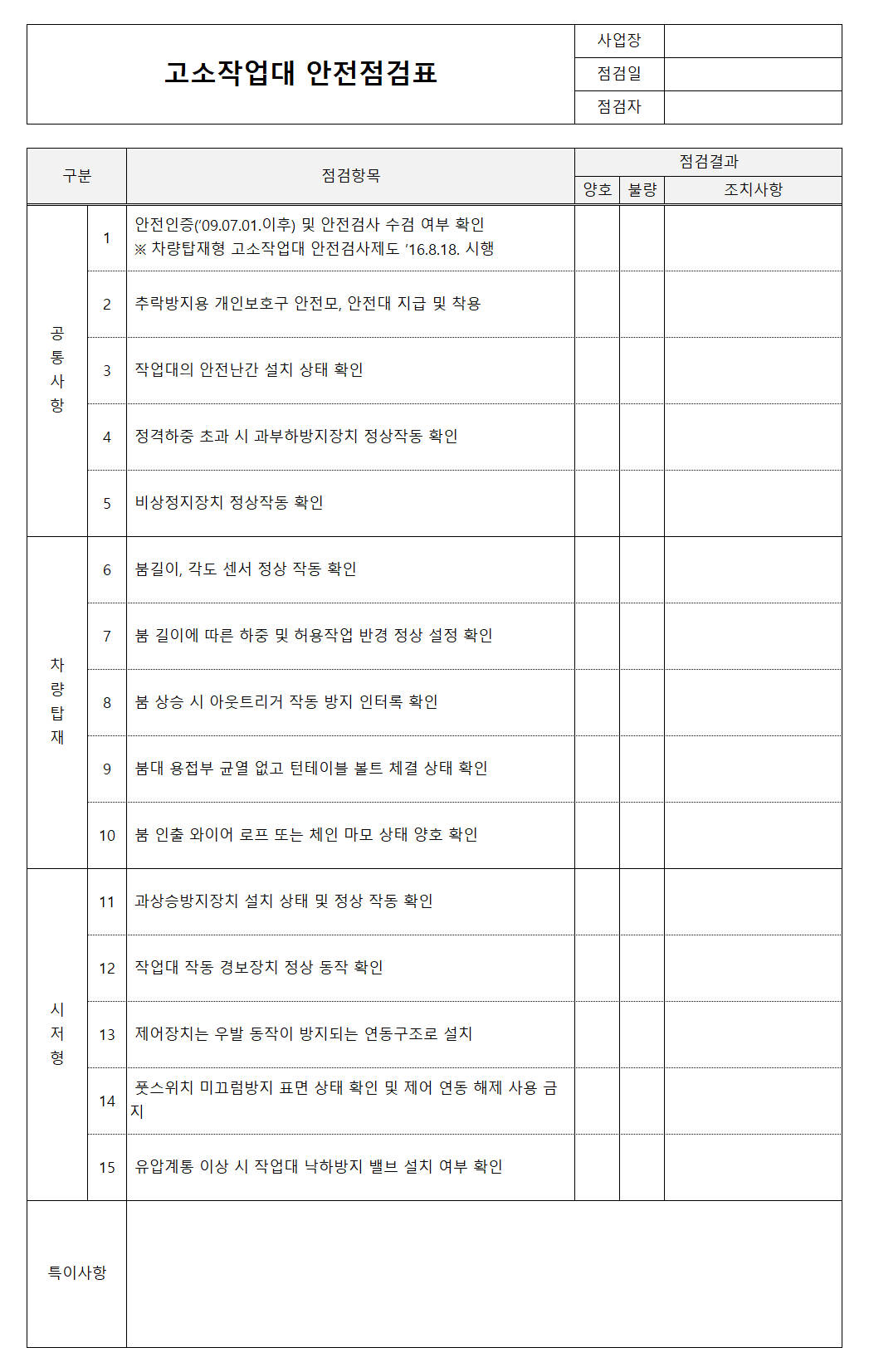 고소작업대 안전점검표