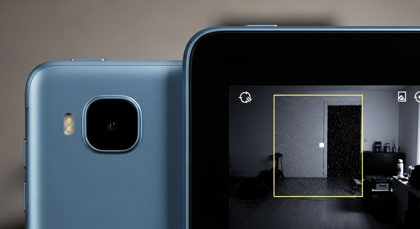 어두운 곳에서 촬영된 태블릿 카메라 이미지, 노이즈가 많고 화질이 저조한 것을 보여준다.