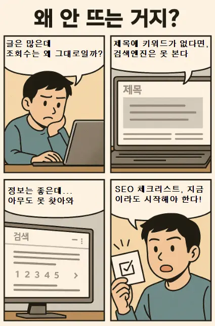 블로그 조회수가 낮은 이유를 고민하는 장면부터 SEO 체크리스트의 필요성을 인식하는 흐름까지 보여주는 4컷 만화