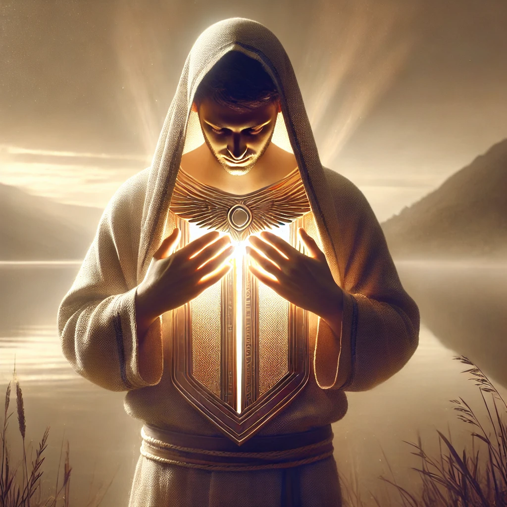 Here is the image depicting a person reflecting quietly, with a symbolic breastplate over their heart, representing the remembrance of God. It captures the peaceful and reverent moment of meditating on God's presence, much like Aaron with the breastplate of remembrance.