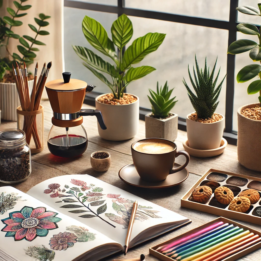 창가에 화분과, 커피포트, 붓이 놓여 있는 이미지