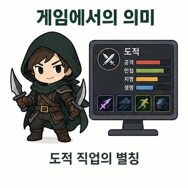 게임에서 돚거가 도적 직업의 별칭으로 사용되는 맥락을 표현한 이미지