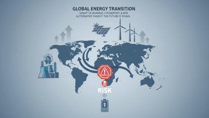 호르무즈 해협의 전략적 중요성을 보여주는 지도와 함께 떠오르는 대체에너지 아이콘들. 유가 불안정 속 에너지 전환의 필요성을 상징합니다.