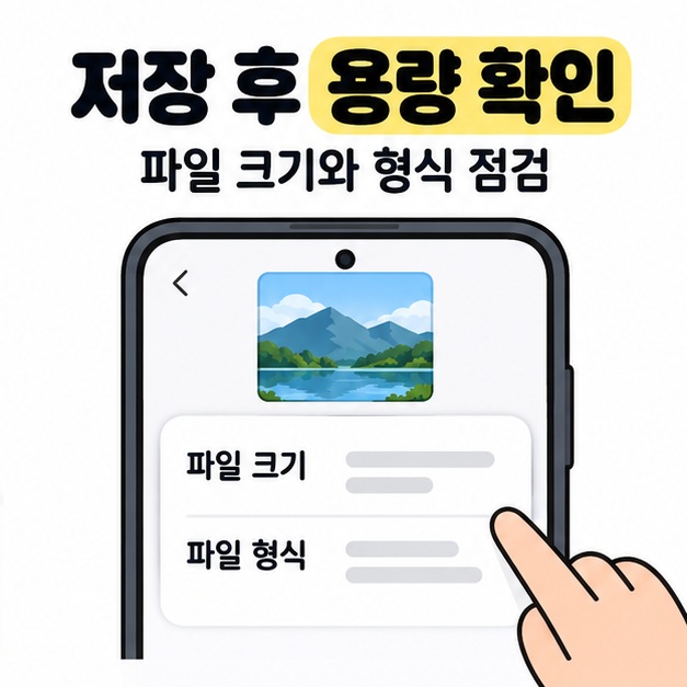 저장 후 용량 확인과 파일 크기와 형식 점검이라는 문구 아래 스마트폰에 표시된 사진의 파일 크기와 파일 형식 정보 영역을 손가락이 가리키고 있다.