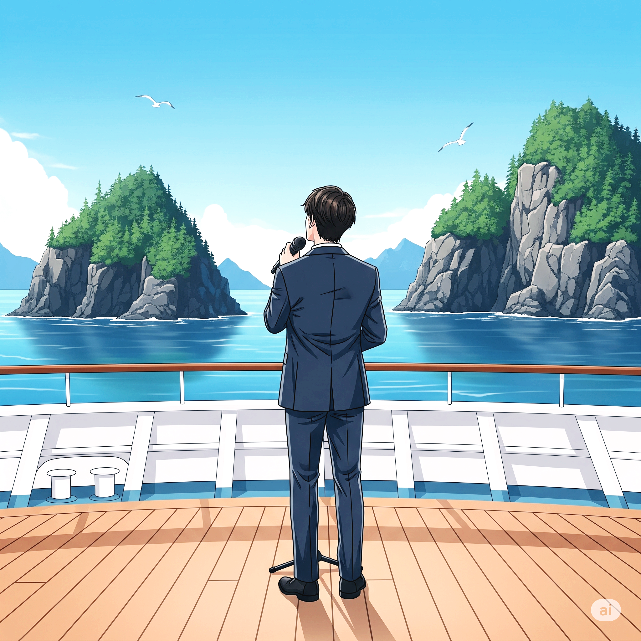 섬을 바라보며 배 위에서 노래하는 남자