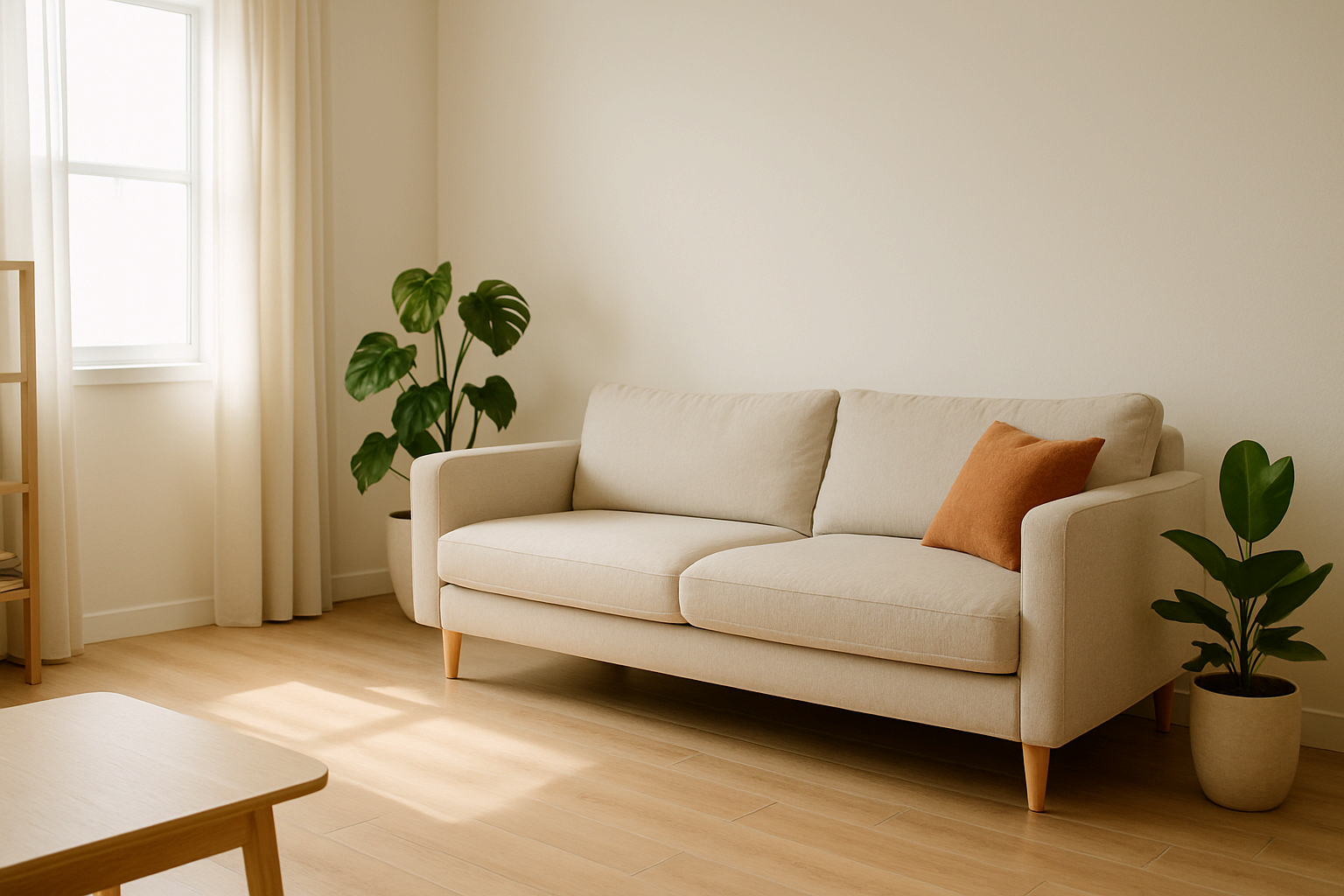 바닥이 보이는 깔끔하고 여백 있는 밝은 거실 인테리어