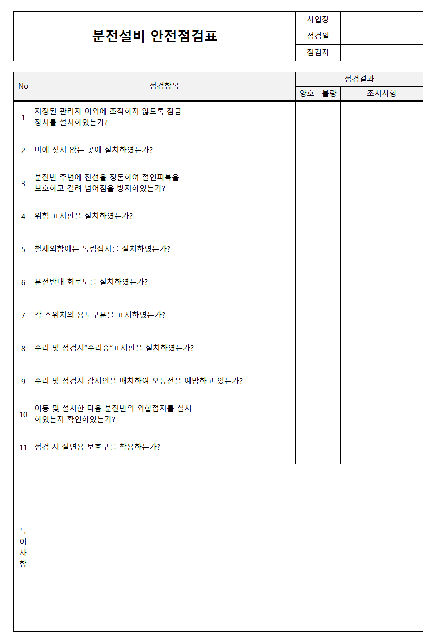 분전설비 안전점검표