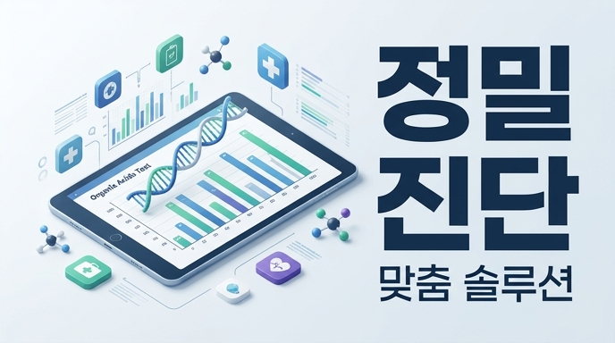 유기산 검사 결과와 건강 데이터를 분석하여 개인별 맞춤 피로회복 솔루션을 제안하는 정밀 진단 이미지