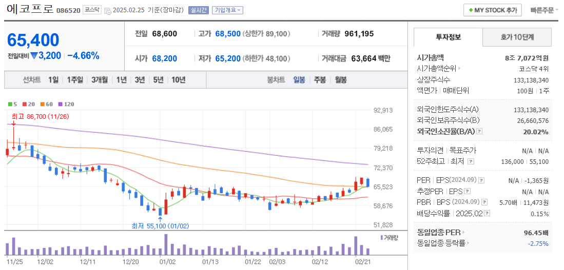 리튬 관련주 에코프로 주가 차트