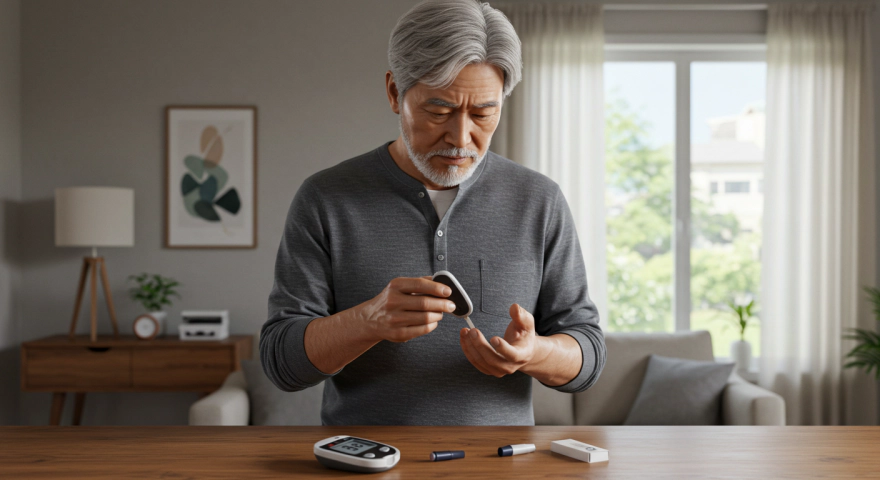 혈당 측정기 사용하는 한국인 남성