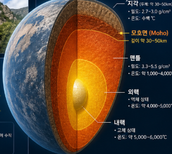 지각과 맨틀이 서로 다른 층이라는 것을 보여주는 지구 내부 단면