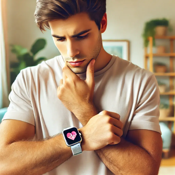 스마트워치에서 심박수 경고를 확인하며 걱정스러운 표정을 짓는 젊은 남성의 초고해상도 사진