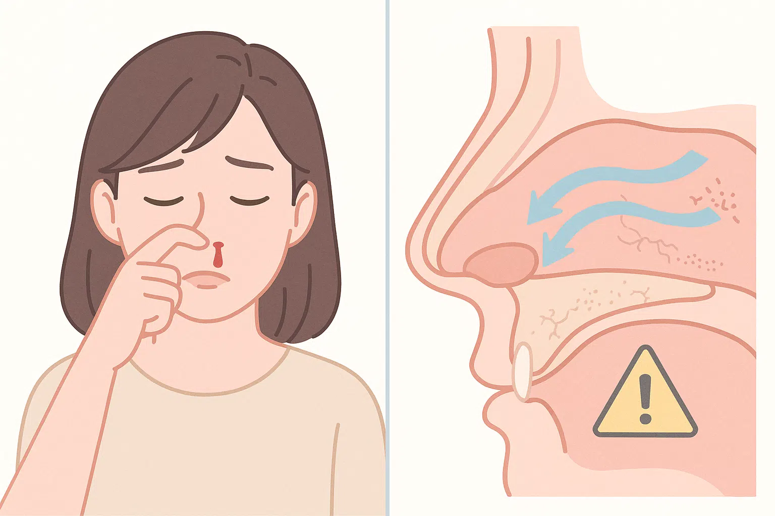 코를 파다 코피가 나는 여성과 비중격 천공 단면도