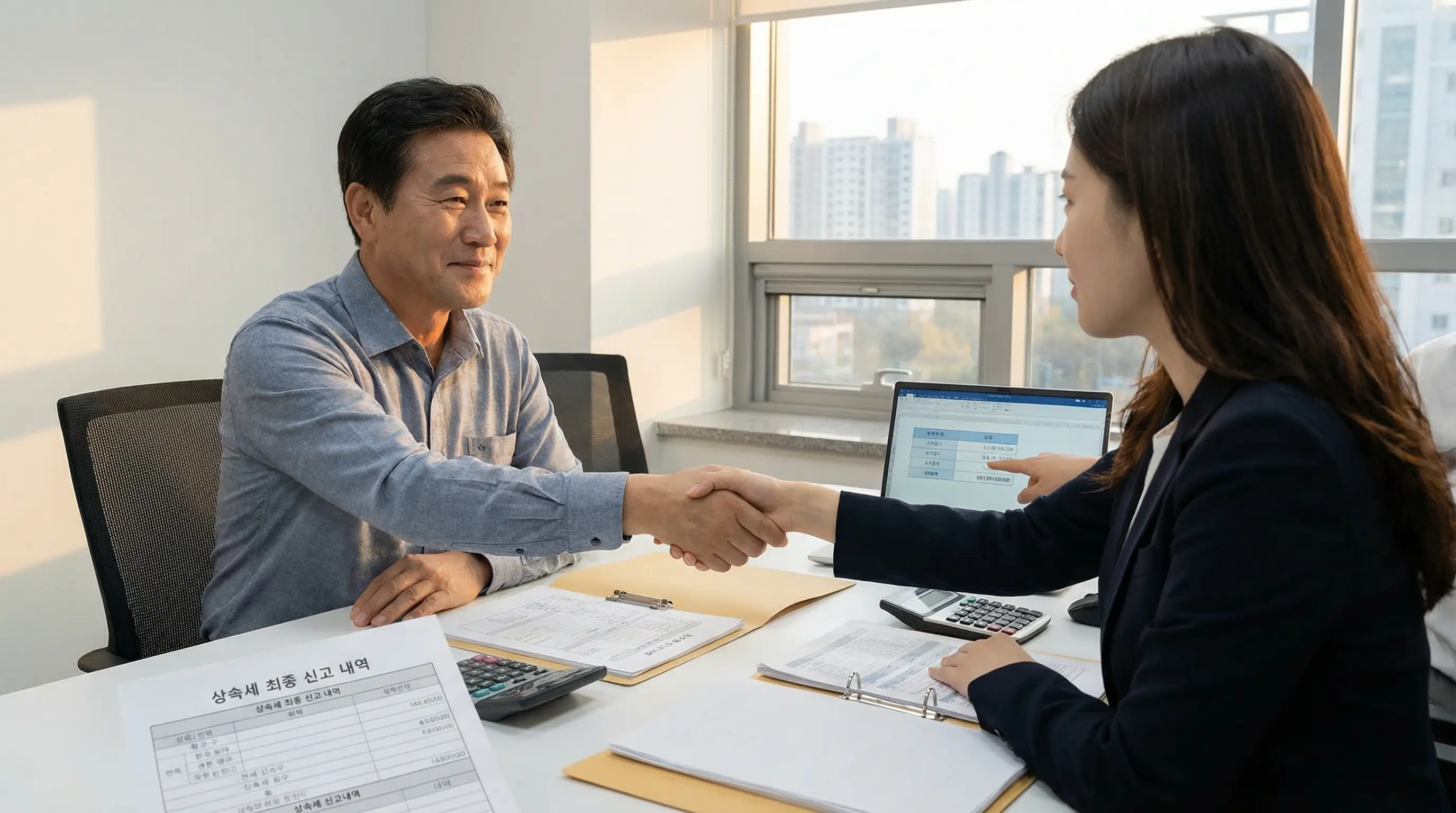 상속 전문 세무사와 상담하여 최종 세액을 확정 짓고 안도하는 상속인의 모습