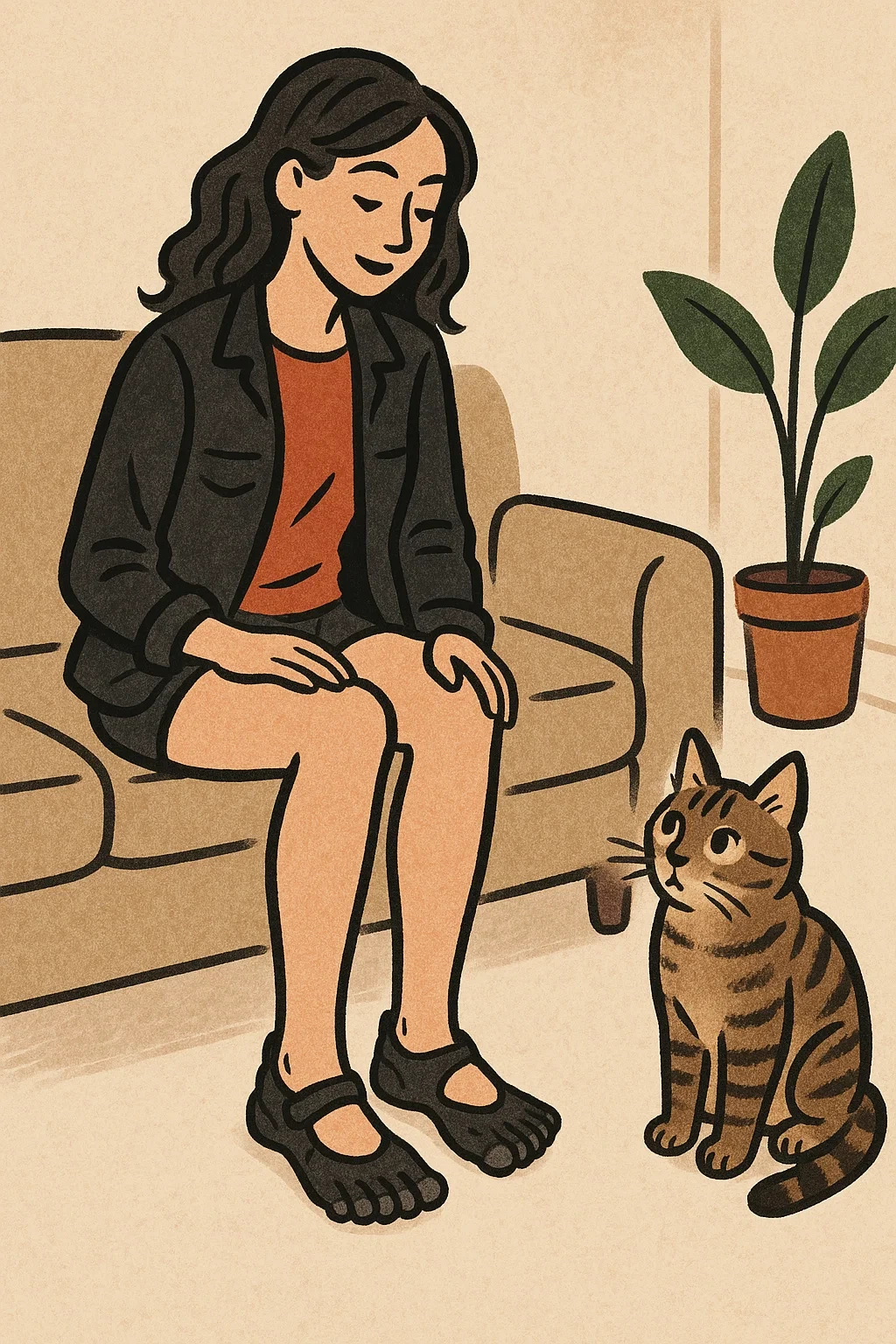 주인이 신은 발가락 신발이 신기한 고양이