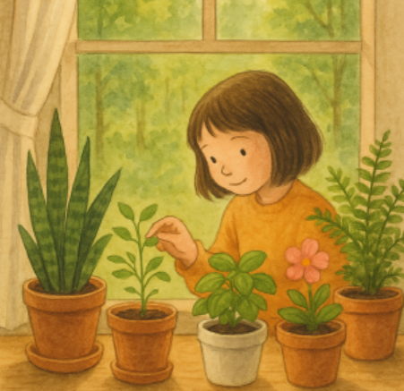 주인공 리네아가 창가에서 식물을 보는 모습