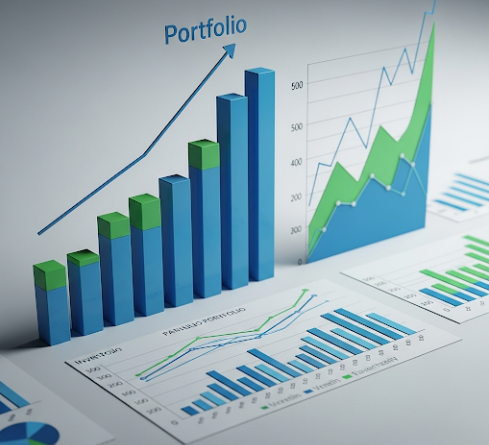 다양한 종류의 금융 그래프와 함께 파란색과 초록색 막대 그래프가 조화롭게 배열된 포트폴리오의 시각화 이미지. 안정성과 성장을 상징
