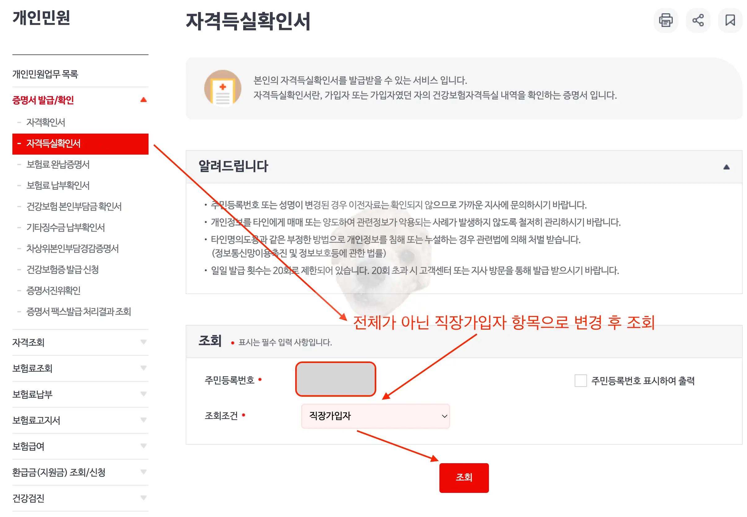 직장가입자 자격득실확인서 출력