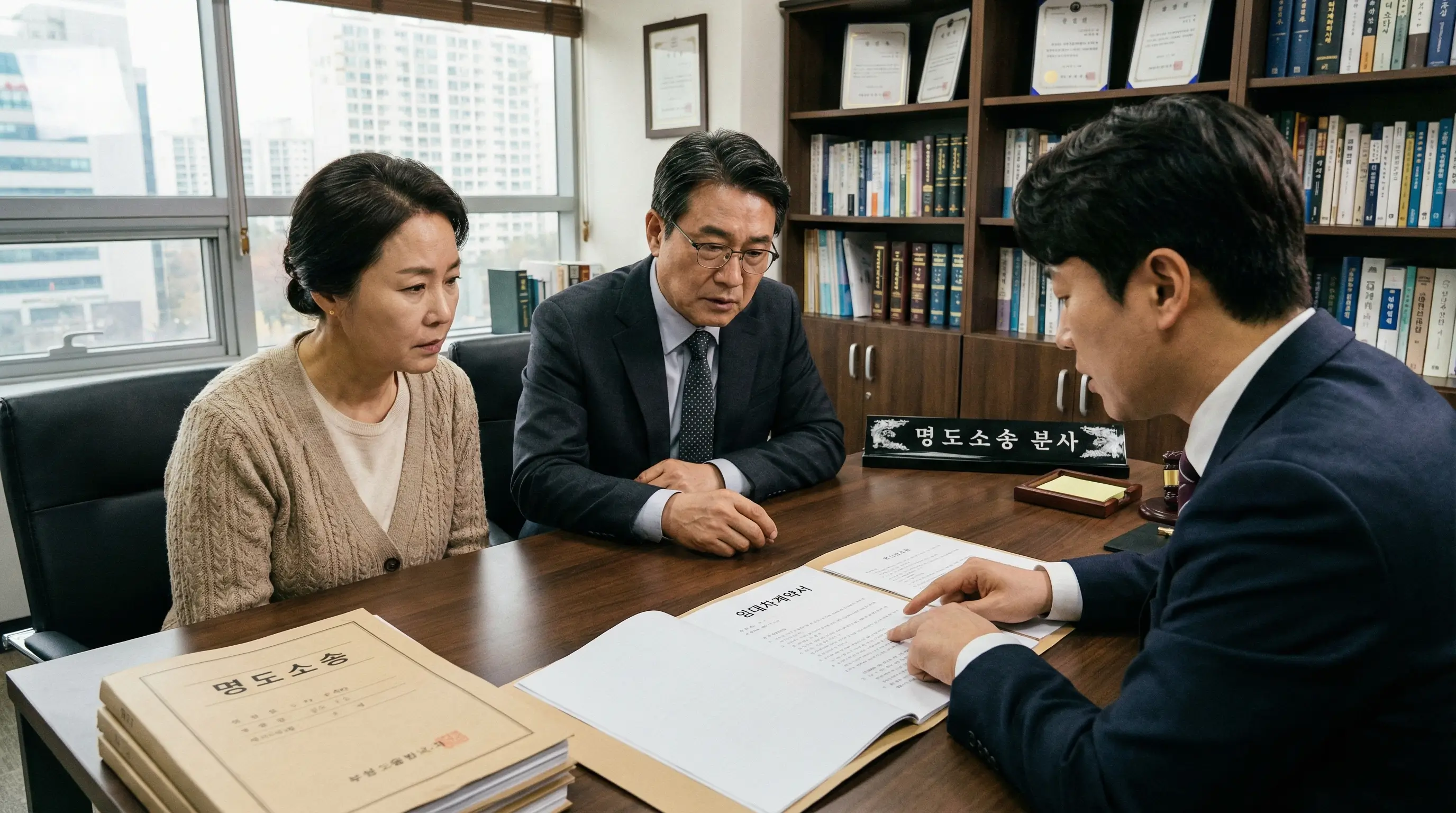 한국인 중년 부부가 법률사무소 책상에서 부동산 변호사와 임대차계약서를 펼쳐놓고 명도소송 상담하는 진지한 장면